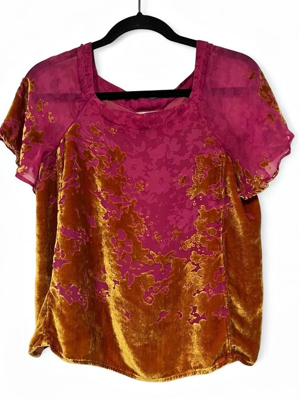 Maeve Floral Velvet-Look Blouse in Pink & Brown Size Small